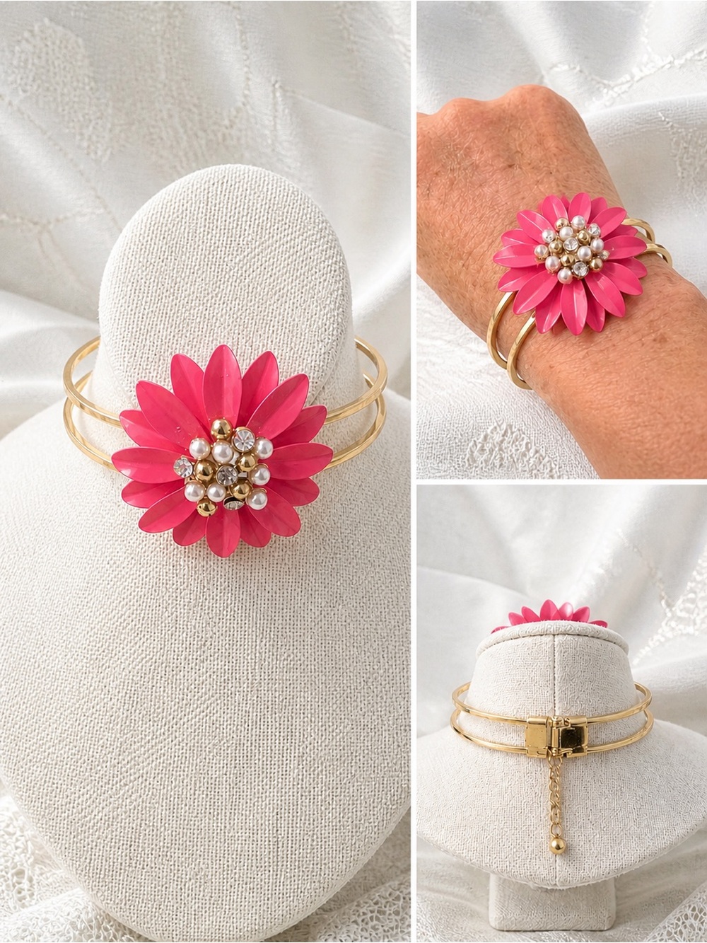 Gold Tone Clamper Bracelet with Pink Enamel Flower